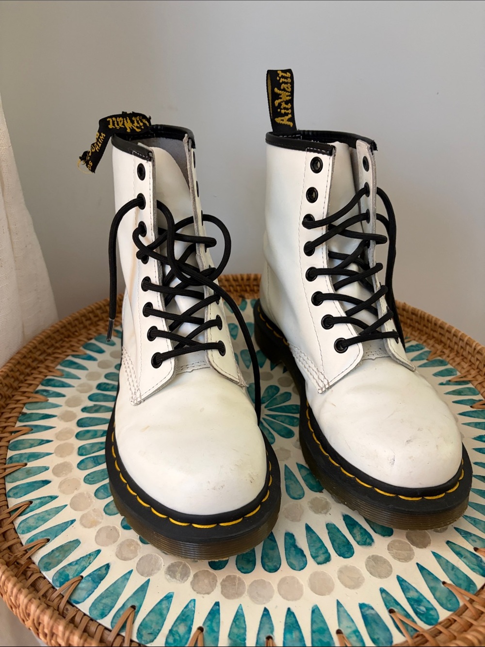 Dr. Martens White Leather 8-Eye Lace-Up Boots with Black Laces